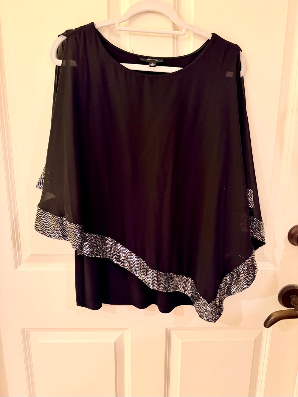 MSK asymmetrical top with Silver Sequin Trim